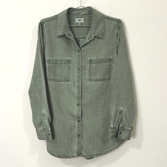 Old Navy Tops - OLD NAVY Womens Tunic Top L Green Long Sleeve Soft Washed Tencel Button Up Shirt